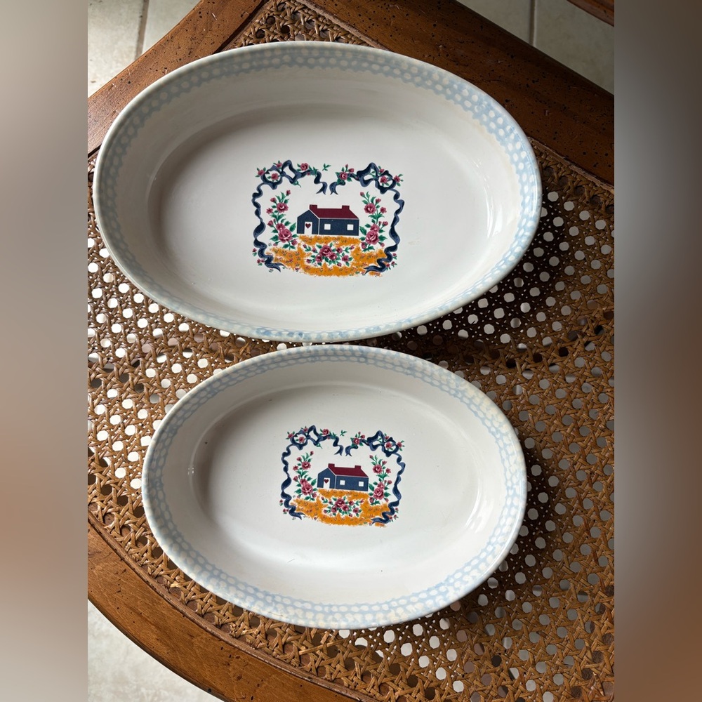 Vintage Cottage Scene Oval Serving Bowls Set of 2 Farmhouse Folk Art Stoneware